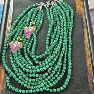 Sassy Jones Green Beaded Necklace with Pink and Gold Accents